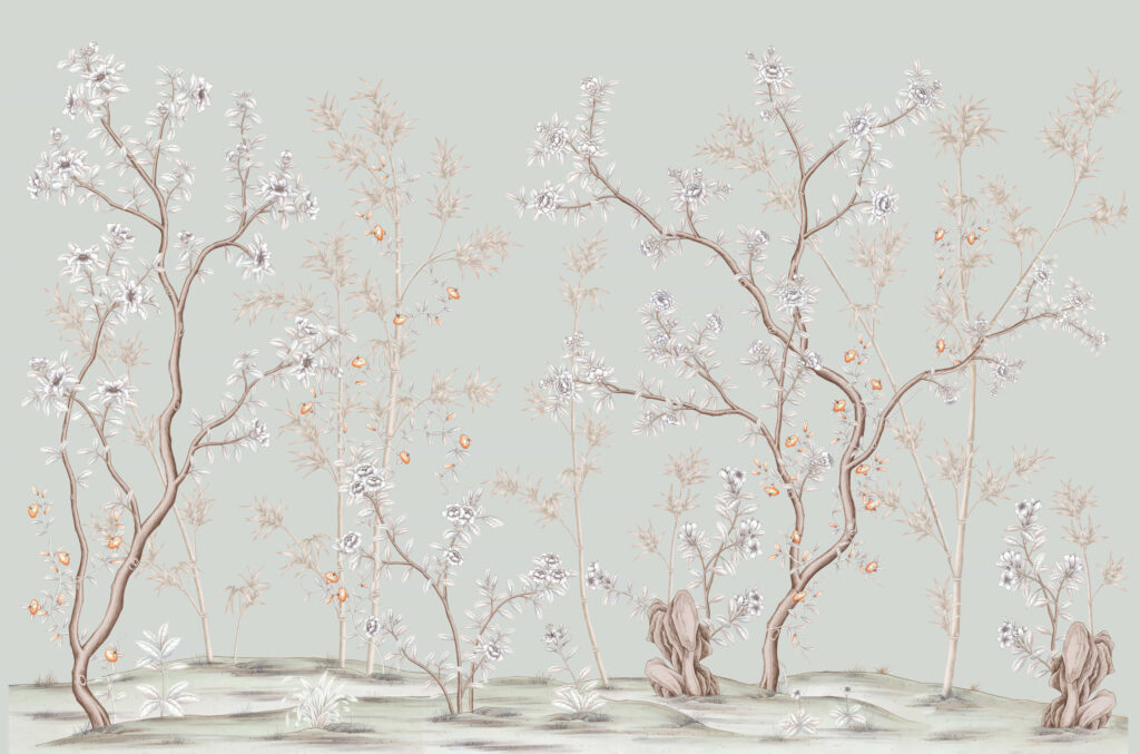 В55 Modest Art Bamboo and Roses Art silk BLUE