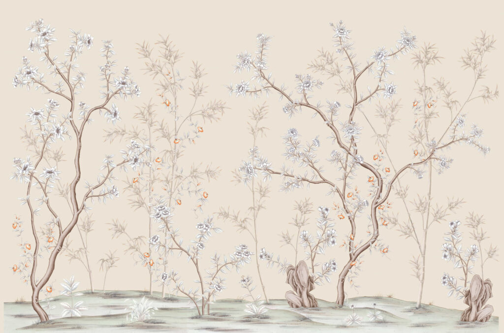 В55 Modest Art Bamboo and Roses Art silk PEACH