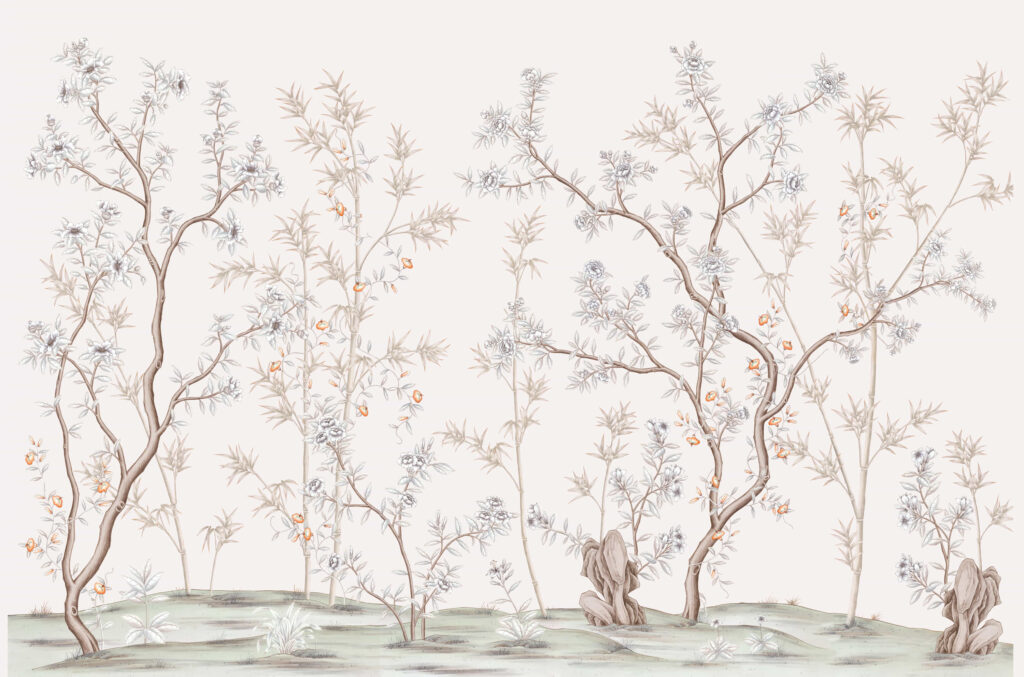 В55 Modest Art Bamboo and Roses Art silk WHITE